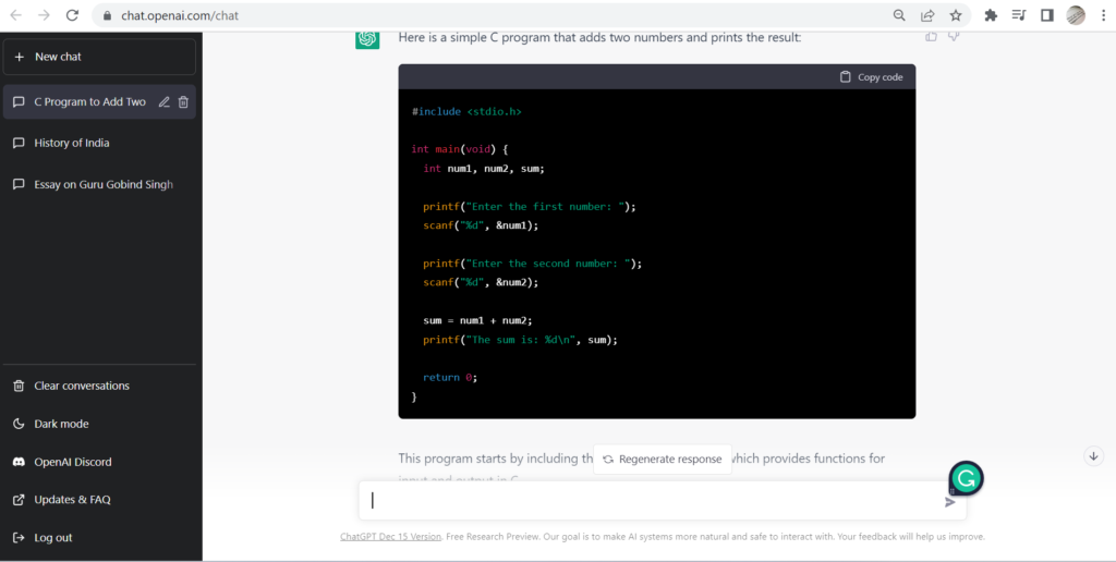 ChatGPT C program to add two numbers