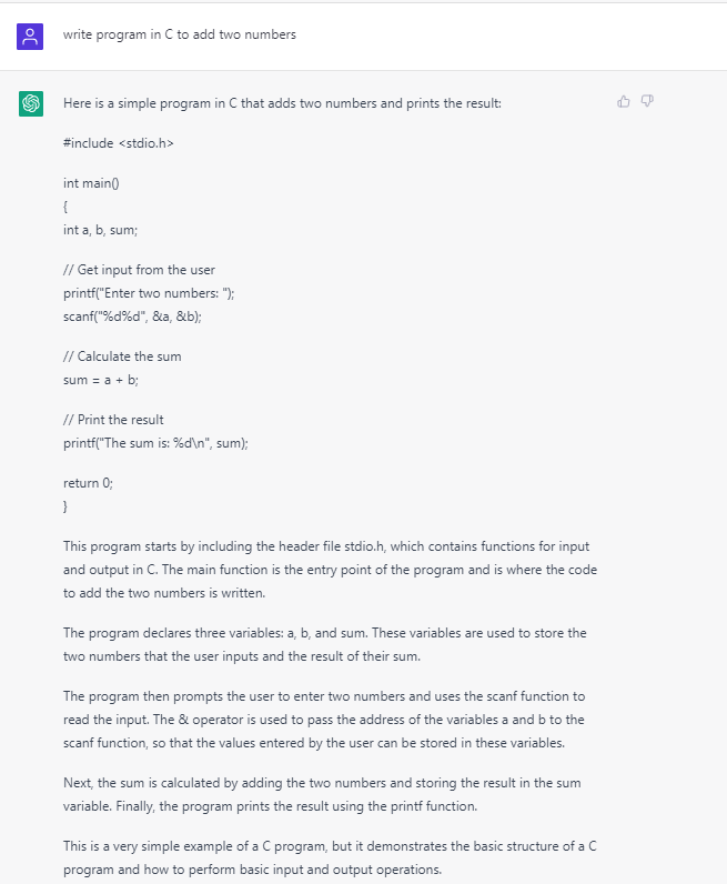 ChatGPT C program to add two numbers