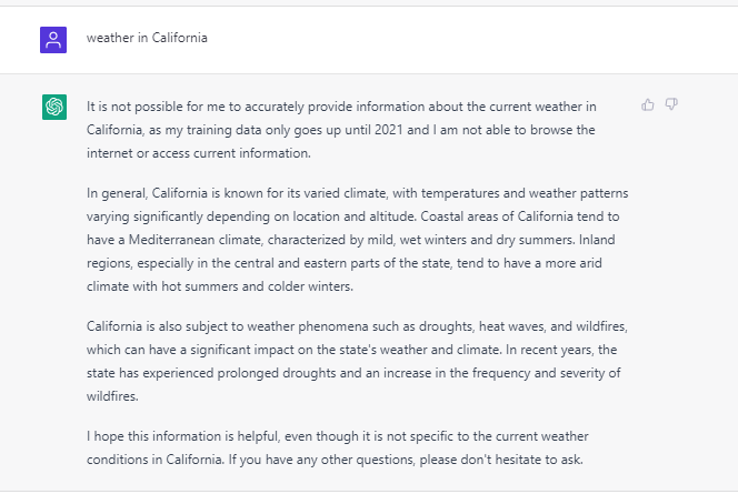 ChatGPT response to weather in California